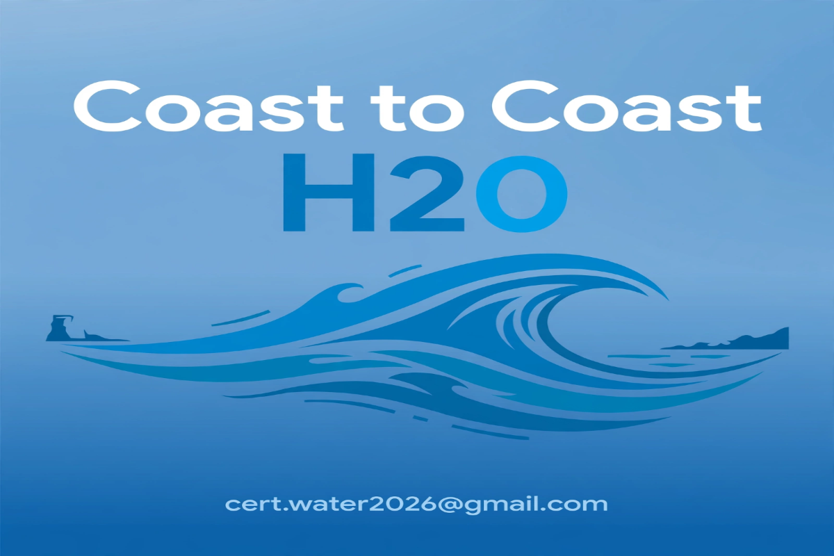 A blue graphic with the text 'Coast to Coast H20' above a stylized ocean wave illustration and the email address 'cert.water2026@gmail.