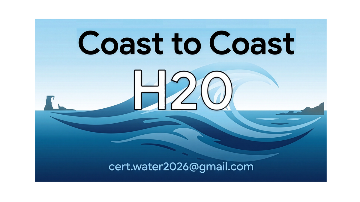 A rectangular graphic with the text 'Coast to Coast H2O' over a stylized blue ocean and wave illustration, with an email address at the bottom.